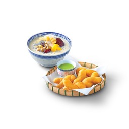 ชุดที่ 2 : น้ำเต้าหู้ทรงเครื่องร้อน+ปาท่องโก๋สังขยา+Topping 1 อย่าง