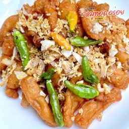 (กับข้าว) สามชั้น ทอดกระเทียมพริกสด[100g]🧄🌶️+น้ำจิ้มแจ่ว