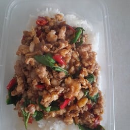 กระเพราหมูสับราดข้าว