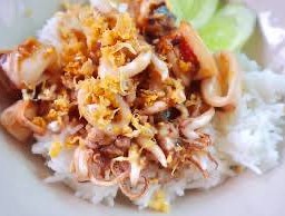 หมึกทอดกระเทียมราดข้าว