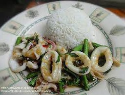 ผัดผักบุ้งหมึกราดข้าว