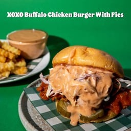 Xoxo Buffalo Chicken Burger with fries