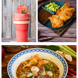 [เซตสุดฮิต] ก๋วยเตี๋ยวต้มยำหมูบะช่อโบราณยอดคะน้า + แตงโมปั่น พร้อมเนื้อแตงโมแท่ง + เกี๊ยวกรอบไส้หมู