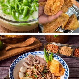 [เซตสุดฮิต] ก๋วยเตี๋ยวต้มยำหมูบะช่อโบราณยอดคะน้า + เต้าหู้คลองแงะในตำนานทอดกรอบ (4ชิ้น) + ลอดช่องวัดเจษเผือกหอม