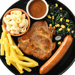 สเต๊กสันคอหมูและไส้กรอกคูโรบูตะ ผักโขม