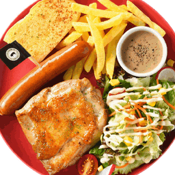Chicken Steak and Kurobuta Sausage with Black Pepper Sauce