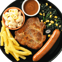 สเต๊กสันคอหมูและไส้กรอกคูโรบูตะ ผักโขม