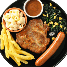 สเต๊กสันคอหมูและไส้กรอกคูโรบูตะ ผักโขม