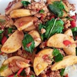 หมูยอหมูสับผัดกระเพราราดข้าว