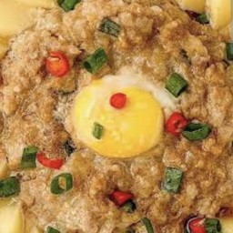 ไข่ตุ๋นกะทะเต้าหู้ไข่หมูสับราดข้าว (แถมน้ำซุป)