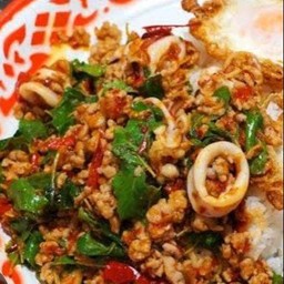 ปลาหมึกหมูสับผัดโหระพาราดข้าว