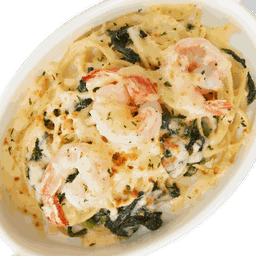 สปาเก็ตตี้กุ้งและผักโขมอบชีส