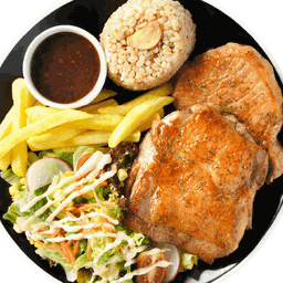 สเต๊กไก่และสเต๊กหมูสันนอก ซอสแจ่ว