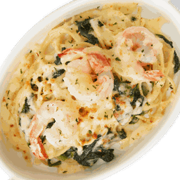 สปาเก็ตตี้กุ้งและผักโขมอบชีส