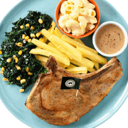 Kurobuta Pork Chop Steak with Black Pepper Sauce Spinach