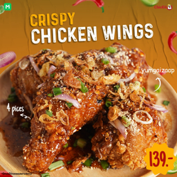 ปีกบนไก่ทอดกรอบราดซอสยำไก่แซ่บ 4 ชิ้น