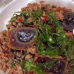 ข้าวราดกะเพราไข่เยี่ยวม้าไก่สับ