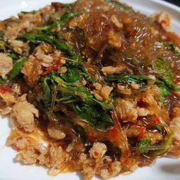 ข้าวกะเพราพริกแห้ง วุ้นเส้นหมูสับ (ไม่มีไข่)