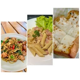 [เซตสุดฮิต] สปาเก็ตตีผัดขี้เมา + ขนมปังอบเนยกระเทียมชีส + เพนเนไวท์ซอส