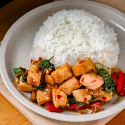 [อร่อยซ่ากับโค้ก] ข้าวกะเพราปลาแซลมอน +  โค้ก ออริจินัล (กระป๋อง) 