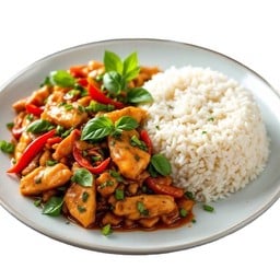 กระเพราไก่ชิ้น ราดข้าว