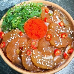 HOT ! ข้าวหน้ากุ้งดอง+ไข่กุ้ง+ยำสาหร่าย พร้อมน้ำจิ้มซีฟู้ด (酱油虾饭)