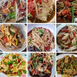 ส้มตำข้าวเหนียวไก่ทอด น้ำปั่นผลไม้ เฉาก๊วยนมสด โอวัลตินภูเขาไฟ