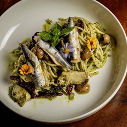 SPAGHETTI AL PESTO WITH BABY SARDINES