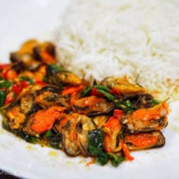 กะเพราหอยภู่+ไข่ดาว