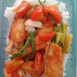 ผัดเปรี้ยวหวานปลา ราดข้าว