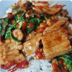 ข้าวกะเพราหมูสามชั้นสไลด์