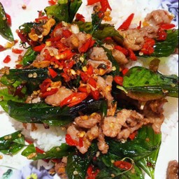 หมูชิ้นผัดกระเทียมพริกขี้หนูสดราดข้าวไข่ดาว+ต้มจืดสาหร่ายหมูเด้ง (ชุดเล็ก)