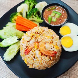 ข้าวผัดกุ้งคลุกน้ำพริกกะปิ+ไข่ต้ม+ น้ำพริกกะปิ