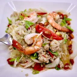 ยำวุ้นเส้นเห็ดเข็มทอง+หมูสับ+กุ้งลวก3 ตัว