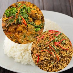 ผัดเผ็ดปลาดุก+คั้วกลิ้งหมูสับ (บางวันไม่มีผัดเผ็ดปลาดุกอาจโทรแจ้งนะคะ)
