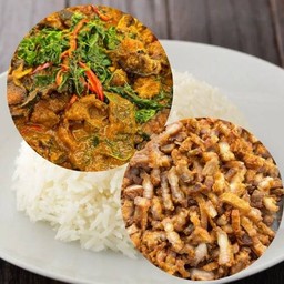 ผัดเผ็ดปลาดุก+ไก่ทอด (บางวันไม่มีผัดเผ็ดปลาดุกโทรแจ้งนะคะ