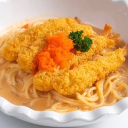 สปาเก็ตตี้ครีมซอสกุ้งทอด+ไข่กุ้ง