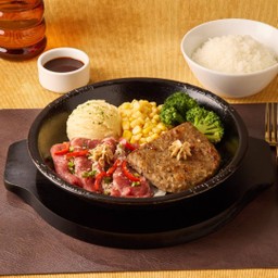 สเต็กบาร์บีคิวเนื้อและแฮมเบิร์ก เสิร์ฟพร้อมข้าวญี่ปุ่น