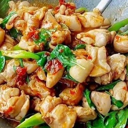 ผัดใบโหระพา กับข้าว