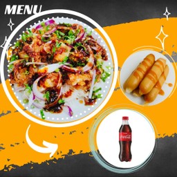 ข้าวไก่กรอบซอสแจ่ว+ไส้กรอกไก่4ชิ้น+โค้ก330ml