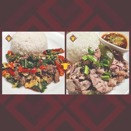 [เซตสุดฮิต] ข้าวเนื้อไทยวากิวผัดกระเพรา + ข้าวเนื้อไทยวากิวน่องลายลวกจิ้มกับน้ำจิ้มแจ่ว