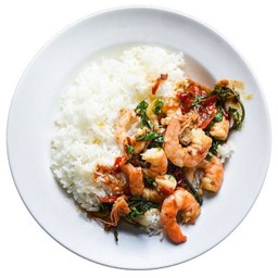 [กระทะเหล็ก] ข้าวกระเพราเนื้อ,กุ้ง