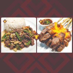 [เซตสุดฮิต] ข้าวเนื้อไทยวากิวผัดพริกขี้หนู + เนื้อไทยวากิวเสียบไม้ย่าง + น้ำจิ้มแจ่ว ( 5 ไม้)