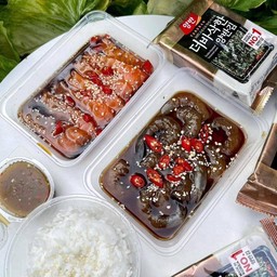 ชุดกุ้ง+แซลม่อนดองซีอิ๊ว พร้อมข้าว+สาหร่ายซองใหญ่