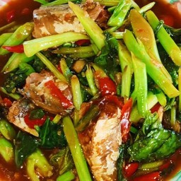 Stir Fried Kale With Canned Fish On Rice