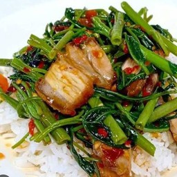 ผักบุ้งหมูกรอบราดข้าว