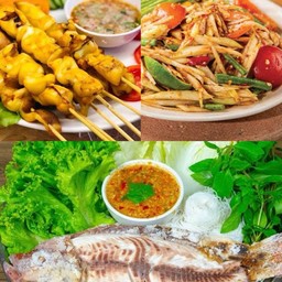 เซ็ทสุดคุ้ม ปลานิลเผา1ชุด + ส้มตำ + ของย่าง 6 ไม้ + น้ำปั่น 1 แก้ว
