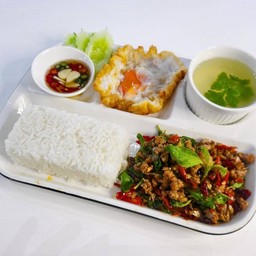 #27 กะเพราหมูสับ ข้าวหอมมะลิไดโนเสาร์ (เซ็ตเบนโตะ)