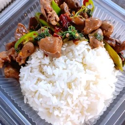 กระเพราเครื่องในไก่ราดข้าว