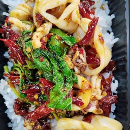 ข้าวราดกระเพราปลาหมึก